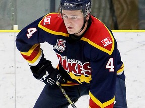 Belleville native Brody Morris had a goal and an assist for the Wellington Dukes in a 5-3 Sunday-night loss at Pickering. (OJHL Images)
