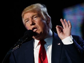 Republican presidential candidate Donald Trump speaks to the Republican Hindu Coalition, Saturday, Oct. 15, 2016, in Edison, N.J. (AP Photo/ Evan Vucci)