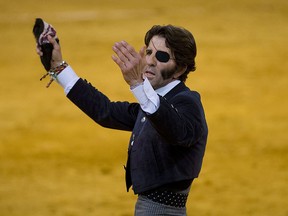 Spanish bullfighter Juan Jose Padilla greets the audience during the Bullfighting Charity Festival at Palacio Vistalegre Arena bullring on March 22, 2014, in Madrid, Spain. (Gonzalo Arroyo Moreno/Getty Images)
