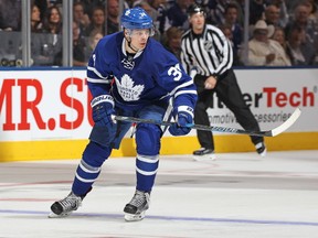 Auston Matthews #34 of the Toronto Maple Leafs skates against the Boston Bruins during an NHL game on October 15, 2016 at the Air Canada Centre in Toronto, Ontario, Canada. The Leafs defeated the Bruins 4-1. (Photo by Claus Andersen/Getty Images)