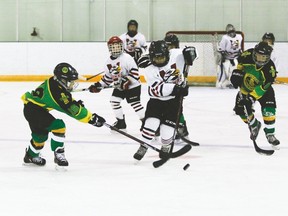 The Vulcan Hawks atoms red tier three played against the Okotoks Oilers Sunday at the Vulcan Arena. The Oilers won 10-4.