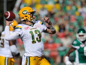Edmonton Eskimos quarterback Mike Reilly passes the ball during first half CFL action against the Saskatchewan Roughriders, in Regina on Sunday, September 18, 2016. THE CANADIAN PRESS/Mark Taylor