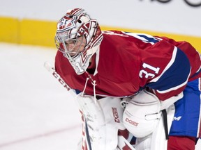 Montreal Canadiens goalie Carey Price is seen warming up prior to NHL pre-season hockey action, Thursday, October 6, 2016 in Montreal. (THE CANADIAN PRESS/Paul Chiasson)