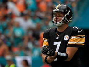 Ben Roethlisberger of the Pittsburgh Steelers reacts to a play during a game against the Miami Dolphins on October 16, 2016 in Miami Gardens, Florida. (Photo by Mike Ehrmann/Getty Images)