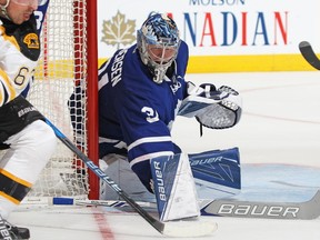 Frederik Andersen of the Toronto Maple Leafs guards the corner against the Boston Bruins during an NHL game on October 15, 2016 at the Air Canada Centre in Toronto, Ontario, Canada. (Claus Andersen/Getty Images)