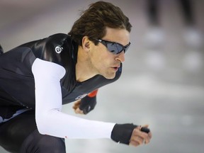 Speedskater Denny Morrison trains at the Olympic Oval in Calgary on Monday, Oct. 17, 2016. (Jeff McIntosh/The Canadian Press)