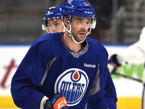 Benoit Pouliot, shown here at practice with the Oilers on Monday, will be in the lineup against the Hurricanes on Tuesday. (Ed Kaiser)
