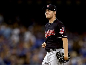 Trevor Bauer #47 of the Cleveland Indians looks on in the first inning against the Toronto Blue Jays during game three of the American League Championship Series at Rogers Centre on October 17, 2016 in Toronto, Canada. (Photo by Elsa/Getty Images)