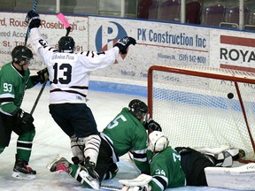 Tillsonburg Hurricanes' Ryan MacDonald scores with 22.8 seconds left to win Friday's GMHL junior hockey game 6-5. (CHRIS ABBOTT/TILLSONBURG NEWS)