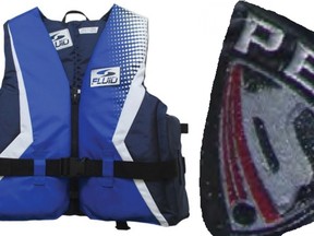 An example of the Fluid personal flotation device (PFD) and a PEP Logo found on trainer pants worn by the deceased male that washed up on a beach north of Port Albert on Oct. 15, 2016. (OPP handout)