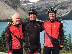 From left: Eric Lindenberg, Jim Forbes and Damon Allen of Belleville along the Bow River near Banff during the recently-completed Sears National Kids Cancer Ride. (Submitted photo)