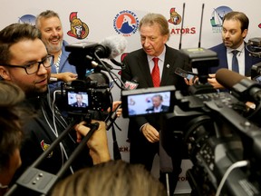 Intelligencer file photo
Senators owner Eugene Melnyk speaks to reporters following an event where it was announced the Ottawa Senators are relocating their AHL team to Belleville. The American Hockey League’s board of directors has now given its approval for the team’s sale and relocation.