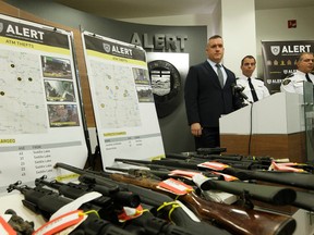 Staff Sgt. Dave Knibbs speaks at an Alberta Law Enforcement Response Teams press conference announcing arrests and charges relating to ATM thefts in Edmonton, Alberta on Tuesday, October 18, 2016. Ian Kucerak / Postmedia