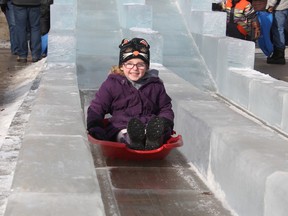 Mackenzie VandenHeuvel, 4, shoots down the ice slide at last year’s ICEtacular. (Laura Broadly/The Goderich Signal Star)