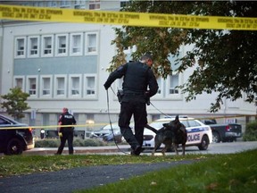 Ottawa Police Guns and Gangs detectives, uniform officers and Canine were on Ohio Street near the Billings Bridge area of Ottawa after a shooting took place Sunday October 2, 2016. ASHLEY FRASER / POSTMEDIA
