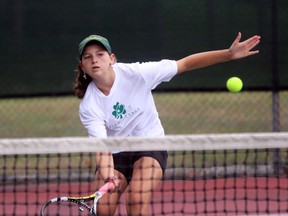 Ashley Gregoris of the St. Patrick's Fighting Irish volleys the ball during the SWOSSAA tennis championships at the Sarnia Tennis Club on Tuesday, Oct. 18, 2016 in Sarnia, Ont. High school players from Windsor, Chatham-Kent and Sarnia-Lambton competed to advance to OFSAA. (Terry Bridge/Sarnia Observer/Postmedia Network)