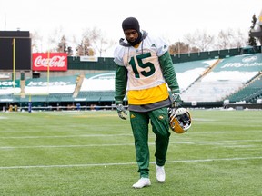 Vidal Hazelton (15) takes part in an Edmonton Eskimos' team practice at Commonwealth Stadium, in Edmonton on Tuesday Oct. 18, 2016. David Bloom/Postmedia