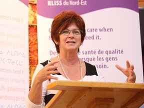 Louise Paquette, chief executive officer of the  North East Local Health Integration Network, speaks at a funding announcement at Finlandia Village on Tuesday.(Gino Donato/Sudbury Star)