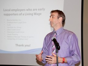 Tom Cooper, Ontario Living Wage Network co-ordinator, speaks during an event hosted by the Prosperity Roundtable of Chatham-Kent on Tuesday. The living wage for Chatham-Kent was calculated at $15.86 per hour. (Trevor Terfloth/The Daily News)