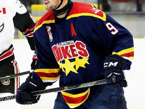 Nic Mucci tallied twice for the Wellington Dukes in a 4-3 loss Tuesday night at Whitby. (Ed McPherson/OJHL Images)