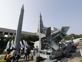A mock North Korea's Scud-B missile, left, and South Korean missiles are displayed at Korea War Memorial Museum in Seoul, South Korea, Thursday, Oct. 20, 2016. The U.S. military says it detected a "failed" North Korean missile launch on Wednesday. (AP Photo/Ahn Young-joon)