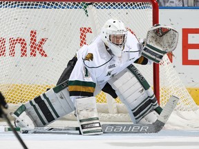 Tyler Parsons #1 of the London Knights gets set to face a shot against the Windsor Spitfires during an OHL game at Budweiser Gardens on October 14,2016 in London, Ontario, Canada. The Knights defeated the Spitfires 4-0. (Photo by Claus Andersen/Getty Images)