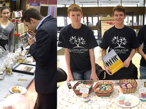 Tillsonburg had two Junior Achievement Company Program teams in 2014-15 - The Body Boutique (left) which included Josh Gooding, Nicole Kyriakopoulos, and Ellen Nagy; and Scentilations (right) which included Clayton McCormick, Gant Croker and Claudius Dalm. (CHRIS ABBOTT/FILE PHOTOS)