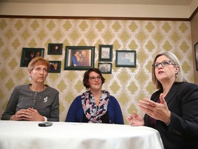Ontario NDP Leader Andrea Horwath talks about skyrocketing hydro rates as Greater Sudbury resident Maryse Gareau and MPP France Gelinas and look on in Sudbury, Monday October 17, 2016. (Gino Donato/Postmedia Network)