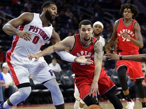 Toronto Raptors' Fred VanVleet drives to the basket against Detroit Pistons' Andre Drummond during an NBA pre-season game on Oct. 19, 2016, in Auburn Hills, Mich. (AP Photo/Duane Burleson)