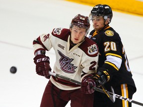Peterborough Petes' Josh Coyle fights for a puck against Sarnia Sting's Connor Schlichting during third period OHL action on Thursday October 20, 2016 at the Memorial Centre in Peterborough, Ont. The Petes lost 6-1. Clifford Skarstedt/Peterborough Examiner/Postmedia Network