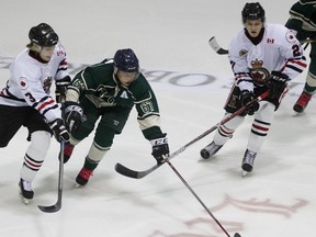 From left, Sarnia Legionnaires call-up Kyle Smith, Phillip Buque of the St. Marys Lincolns and Legionnaires forward Jake Vince reach for the puck during the Greater Ontario Junior Hockey League game at Sarnia Arena on Thursday, Oct. 20, 2016 in Sarnia, Ont. St. Marys won 5-2. Terry Bridge/Sarnia Observer/Postmedia Network