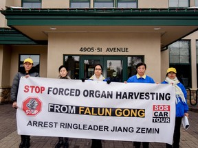 Falun Gong protestors stop outside the Town Office in Stony Plain to raise awareness about illegal organ harvesting in China on Monday, Oct. 17, 2016. - Photo by Yasmin Mayne