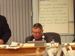Three Huron East council members. From the left is CAO, Brad Knight, the Mayor, Bernie MacLellan and deputy mayor, Joe Steffler at last week’s council meeting.   Coun. Ray Chartrand put a motion forward to examine Stratford policing costs. They were not that favourable of the topic.(Shaun Gregory/Huron Expositor)