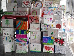 The gift boxes decorated by students at Stony Plain Central School for the Tender Hearts Program.  - Photo submitted