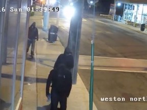 Surveillance video image of suspects in the Oct. 16, 2016 shooting death of Jarryl Hagley, 17, at a Pizza Pizza on Weston Rd.
