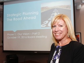 Limestone District School Board director Debra Rantz presents the vision and mission of 2016-2021 Strategic Plan: The Road Ahead Phase one to the board of trustees during the monthly meeting at the education centre in Kingston on Wednesday. (Julia McKay/The Whig-Standard)