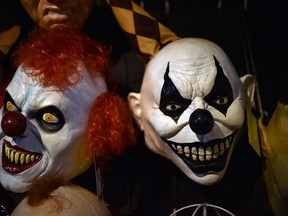 Creepy clown costumes in a Mexico City shop. (Yuri Cortez/Getty Images)