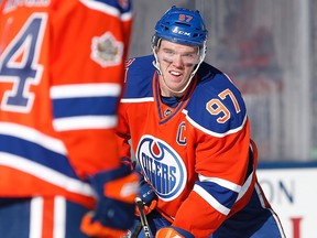 Edmonton Oilers' Connor McDavid (97) skates during practice at Investors Group Field in preparation for the NHL Heritage Classic in Winnipeg on Saturday, October 22, 2016. Winnipeg will host games between current and alumni players from the Winnipeg Jets and Edmonton Oilers this weekend. THE CANADIAN PRESS/John Woods