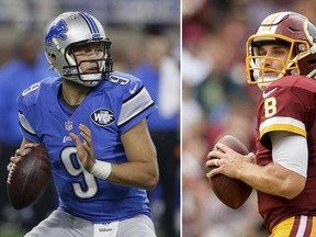 At left, in an Oct. 16, 2016, file photo, Detroit Lions quarterback Matthew Stafford looks downfield during the first half of an NFL football game against the Los Angeles Rams, in Detroit. At right, in an Oct. 2, 2016, file photo, Washington Redskins quarterback Kirk Cousins drops back to pass during an NFL football game against the Cleveland Browns, in Cleveland. The Redskins play the Lions Sunday at Ford Field for the first time since 2010. (AP Photo/File)