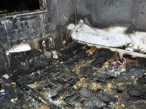 This photo provided by the Spokane, Wash., Fire Department shows the bed where a toddler and his dog died in a fire, Saturday, Oct. 22, 2016. The toddler was found with his dog and teddy bear next to him, and authorities believe the dog tried to protect the boy in the fire that broke out around 11:30 p.m. Friday, a spokesman for Spokane's fire department said Saturday. (Spokane Fire Department via AP)