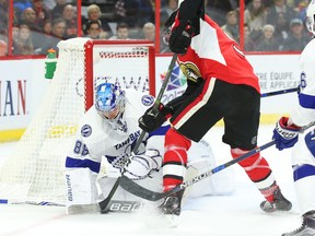 Tampa Bay Lightning goalie Andrei Vasilevskiy stops Senators forward Bobby Ryan on Oct. 22. (Jean Levac, Postmedia Network)