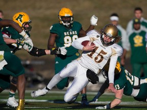 University of Manitoba Bisons Theo Deezar slides into University of Alberta Golden Bears players at Foote Field on Saturday. (GREG SOUTHAM/Postemedia Network)