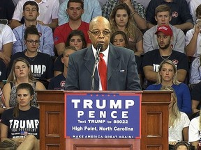 In this Tuesday, Sept. 20, 2016, image made from video, Clarence Henderson, a participant in the Feb. 1, 1960, sit-in at a Greensboro, N.C., Woolworth lunch counter, speaks at a campaign event in High Point, N.C., in support of Republican presidential candidate Donald Trump. (AP Photo/Alex Sanz)
