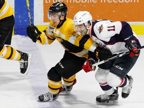 Kingston Frontenacs rookie forward Nathan Dunkley, in action against Windsor on Oct. 20, had a goal and an assist in Kingston's 5-3 win over host Flint in OHL play Sunday. (Dennis Pajot/Getty Images)