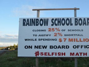 A sign on Highway 17 near the turnoff to Highway 144 protests the planned closure of Rainbow Board schools. (Photo supplied)