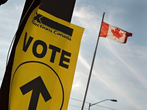 An Elections Canada sign directs voters to the entrance of the Sonnenhof German-Canadian Club on Monday October 19, 2015, one of several voting locations in Brantford. (Postmedia Network file photo)