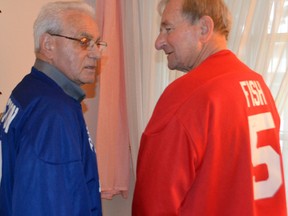 Port Stanley Seniors Hockey Club members Wayne Johnston, left, and Jim Fish are playing the game they love through their golden years. Both men are 80 this year and will take to the ice on Johnston's birthday Wednesday.