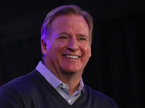 NFL Commissioner Roger Goodell smiles while on stage during an NFL Fan Rally at the NFL House in Victoria House, in London on Saturday, Oct. 22, 2016. (Tim Ireland/AP Photo)