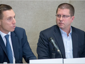 Ontario PC Leader Patrick Brown (L) and Ottawa-Vanier candidate André Marin (R) held a media availability Monday morning following a roundtable discussion on community safety. (Wayne Cuddington, Postmedia)