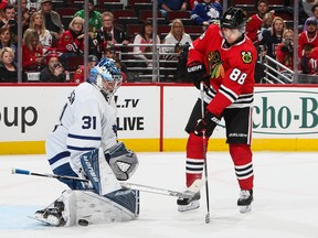 The Maple Leafs have held the lead going into the third period in all five games this season, but have won just once, most recently blowing a lead against Patrick Kane and the Blackhawks in Chicago. (GETTY IMAGES)